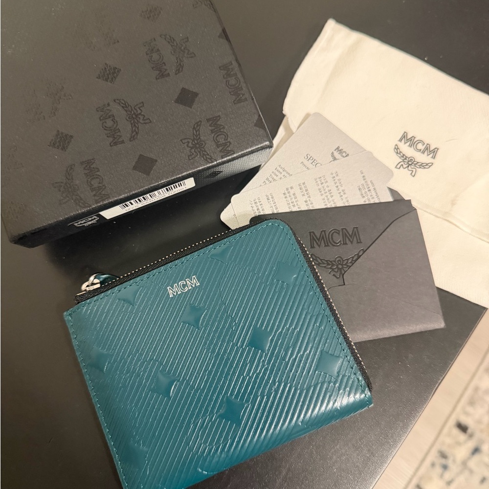 MCM Teal Gloss Embossed Logo Zip Wallet